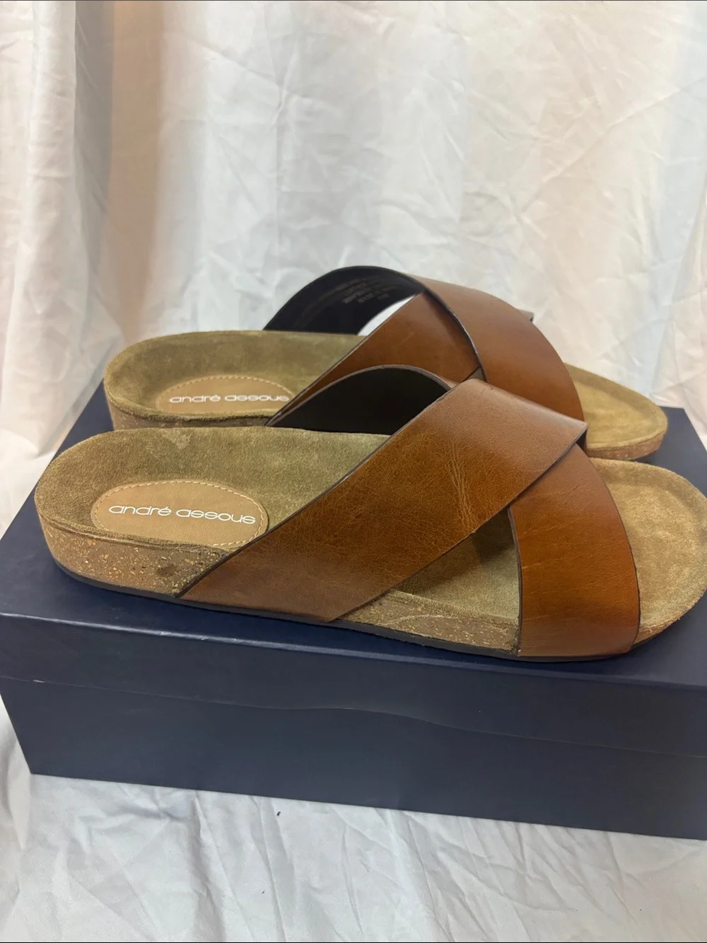 Andre Assous Brown Leather Crisscross Slide Sandals